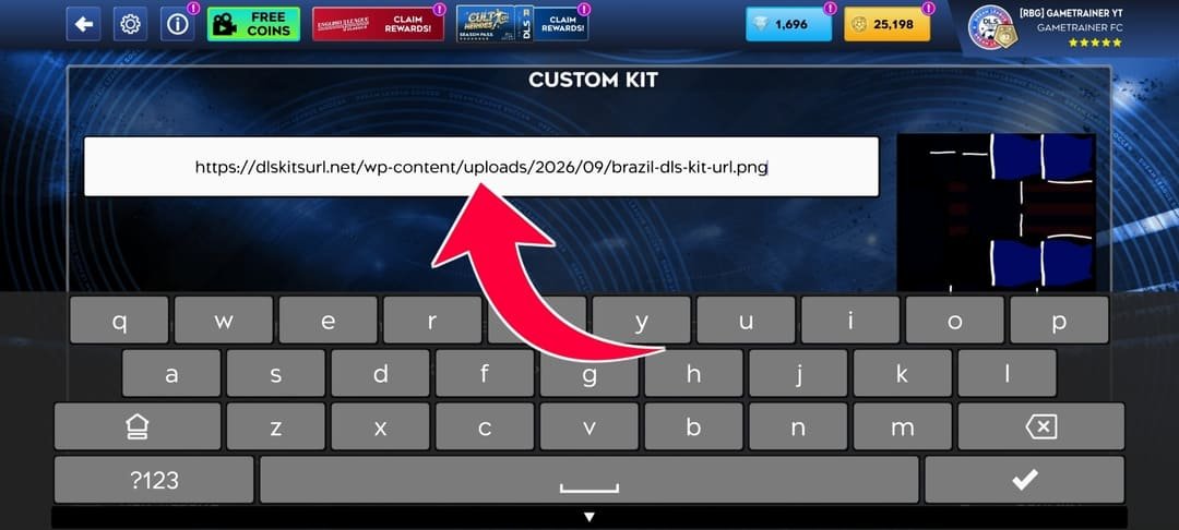 Pasting kit URL into custom kit field in Dream League Soccer